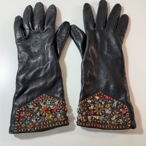 Stunning Black Leather Embellished w/ crystal glass beads women’s gloves